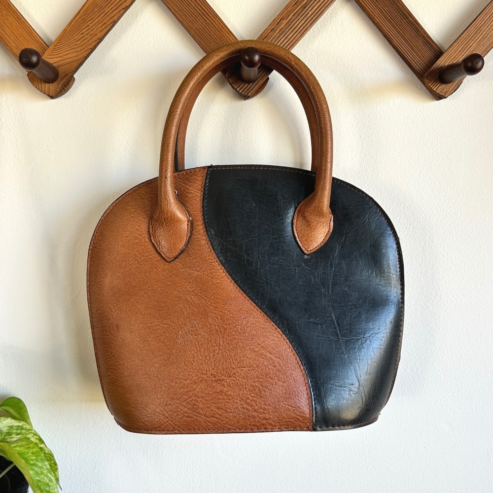 Vintage Two Tone Colorblock Dome Satchel Handbag Black Brown Minimalist Bag